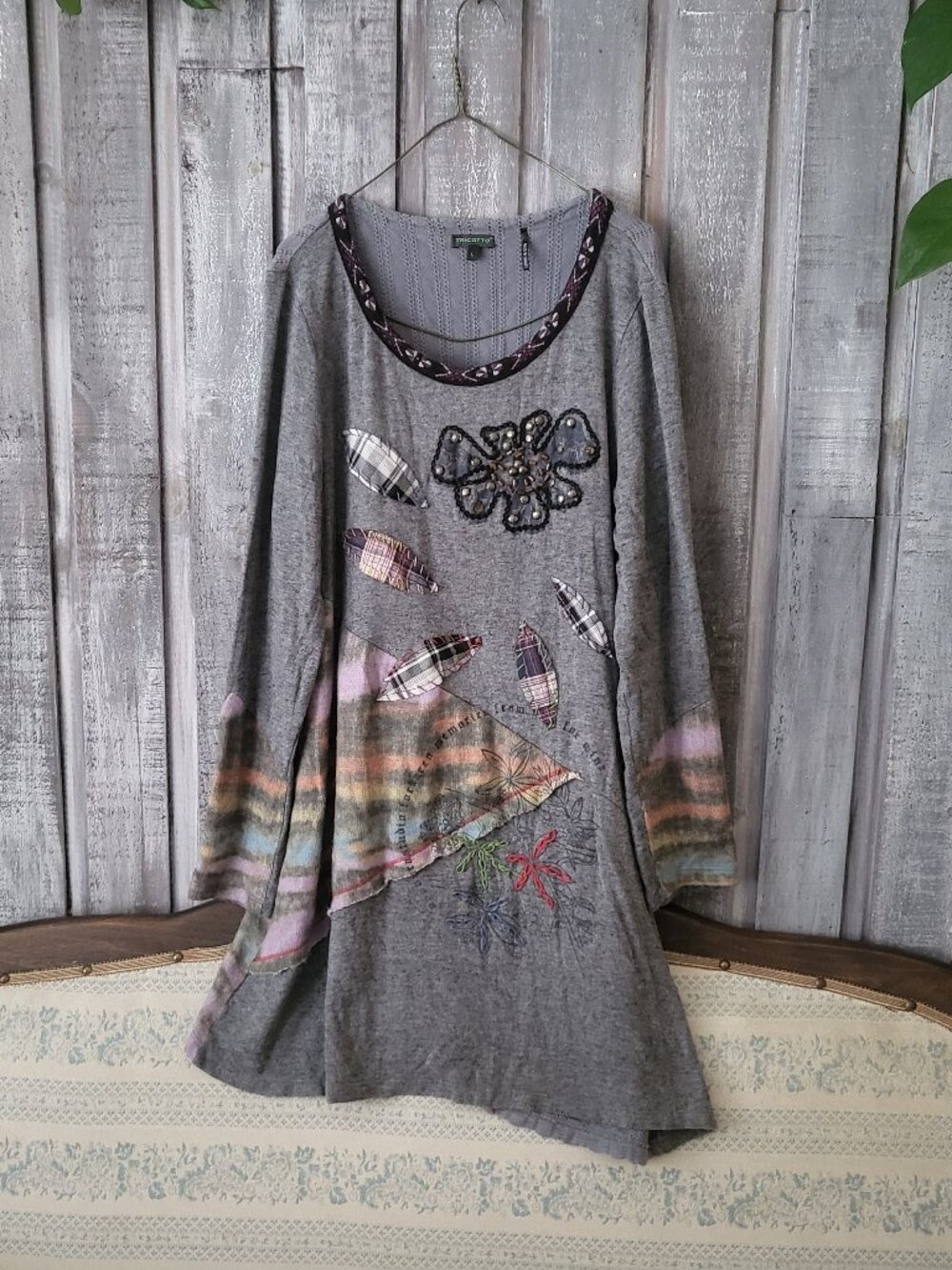 Tricotto Womens Grey Wool Blend Patchwork Embroidered Asymmetrical Tunic Top L